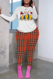 White Brown Christmas Letter Plaid Print Round Neck Long Sleeve Sweatshirt and Pencil Sweatpants Fall Winter Two Pieces Sweatsuits Sets