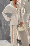 White Loose Casual Sequins Draw String Zipper Mandarin Collar Long Sleeve Jackets and Wide Leg Pants Fall Winter Two Pieces Sets