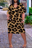 Brown Casual Leopard Print V Neck Short Sleeve Pockets Plus Size T-shirt Midi Dresses
