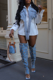 White Denim Casual Lace Up Turndown Collar Vest Long Hubble-Bubble Sleeve Shirts Fake 2pcs and Shorts Two Pieces Sets