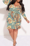 Light Yellow Casual Plaid Floral Print Lace Up V Neck Long Sleeve Ruffle Hem Vacation Plus Size Bodycon Midi Dresses