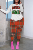White Brown Christmas Letter Plaid Print Round Neck Long Sleeve Sweatshirt and Pencil Sweatpants Fall Winter Two Pieces Sweatsuits Sets