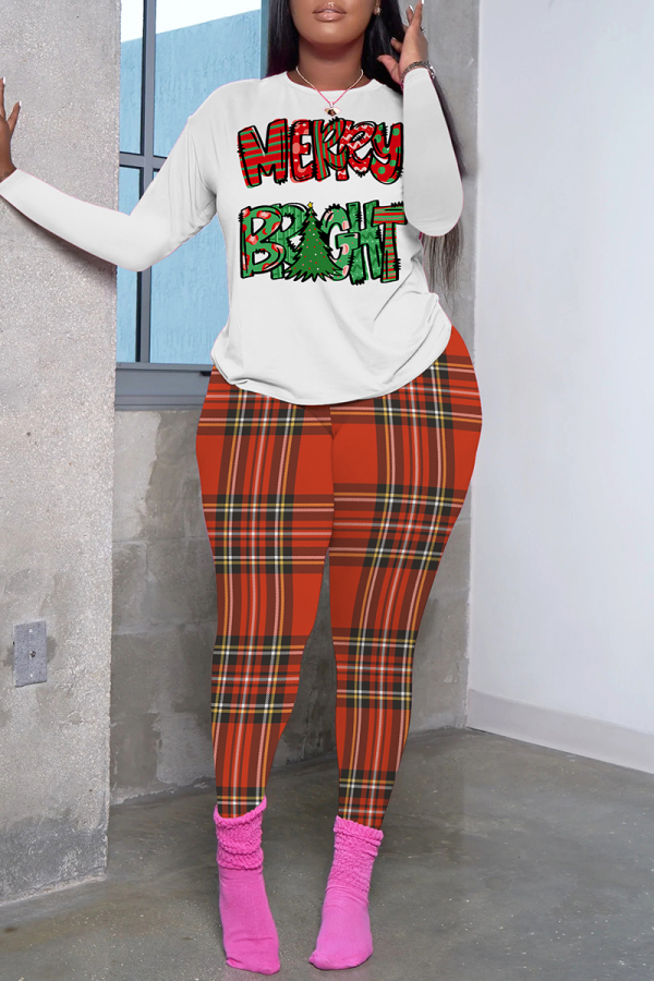 White Brown Christmas Letter Plaid Print Round Neck Long Sleeve Sweatshirt and Pencil Sweatpants Fall Winter Two Pieces Sweatsuits Sets