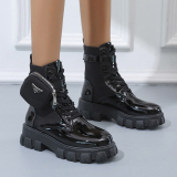 White Cross Straps Closed Ankle Boots Leather Lace Up Autumn Platform Female British Motorcycle Boots