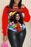Red Blue Christmas Hat African Girl Print Round Neck Long Sleeve Fall Winter Fleece-lined Sweatshirt Tops