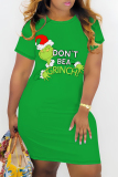 Pink Christmas Grinch Print O Neck Short Sleeve Wrapped Skirt Short Sleeve Casual Outing Bodycon Mini T-shirt Dress