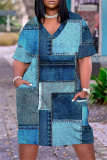 Denim Blue Casual Graphics Print V Neck Short Sleeve Pockets Plus Size T-shirt Midi Dresses