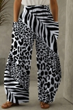 Grey Casual Leopard Print Contrast With Pocket Elastic High Waist Wide Straight Leg Loose Pants Trousers