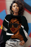 Pink Green Figure African Girl Print Round Neck Long Sleeve Fall Winter Fleece Sweatshirt Tops