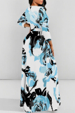 Blue Boho Floral Butterfly Print Deep V Neck 3/4 Sleeve Strap Design Belted Floor Length Plus Size Vacation Loose A Line Maxi Dress