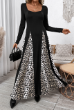 Black Square Neck Long Sleeve Flared Hem with Leopard Print Panels A-line Formal Evening Pleated Flowy Maxi Dress