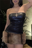 Black Casual Sleeveless Backless Strapless Wrapped Skirt Party Club Wear Faux Leather Corset with Furry Bodycon Mini Tube Dresses