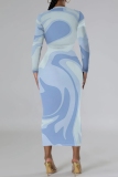 Gray Pink Graphic Letter Print O Neck Long Sleeve Casual Outing Bodycon Pencil Maxi Dress