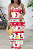 Dark Red Christmas Print Backless Spaghetti Strap Floor Length Vacation Baggy Sundress Slip Maxi Dress