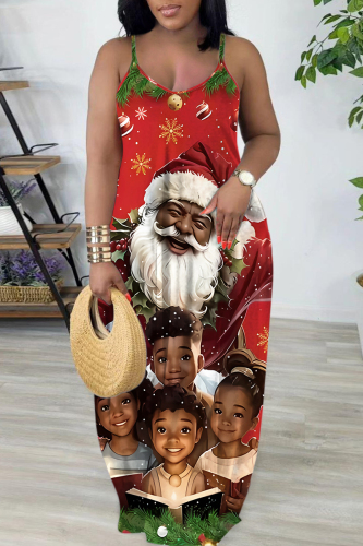 Dark Red Christmas Print Backless Spaghetti Strap Floor Length Vacation Baggy Sundress Slip Maxi Dress