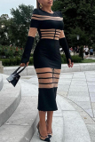 Black with Sheer Mesh Patchwork O Neck Long Sleeve Formal Office Evening Bodycon Maxi Dresses