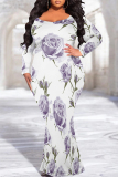 Green Casual Floral Print O Neck Long Sleeve Mermaid Hem Long Plus Size Evening Party Bodycon Maxi Dress