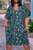 Denim Blue Casual Graphics Print V Neck Short Sleeve Pockets Plus Size T-shirt Midi Dresses