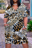 Brown Casual Leopard Print V Neck Short Sleeve Pockets Plus Size T-shirt Midi Dresses