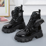 Black White Cross Straps Closed Ankle Boots Leather Lace Up Autumn Platform Female British Martin Boots