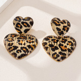 Leopard Print Metal Heart-Shaped Dangle Earrings