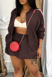 Brown Striped Draw String Contrast Zipper Collar Long Sleeve Jacket and Mini Bubble Skirts Two Pieces Dress Sets