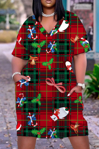 Red Green Plaid Snowflake Santa Claus Christmas Tree Print V Neck Short Sleeve Plus Size Straight Loose Midi Dress with Pocket