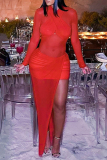 Red O Neck Long Sleeve High Slit Mesh Formal Evening Party Prom Long Bodycon Maxi Dresses