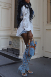 White Denim Casual Lace Up Turndown Collar Vest Long Hubble-Bubble Sleeve Shirts Fake 2pcs and Shorts Two Pieces Sets