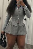 Grey Skinny Button up Turndown Collar Long Sleeve Shirts and Mini Bubble Skirts Denim Two Pieces Dress Sets