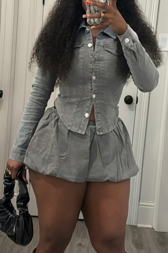 Grey Skinny Button up Turndown Collar Long Sleeve Shirts and Mini Bubble Skirts Denim Two Pieces Dress Sets