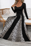 Black Square Neck Long Sleeve Flared Hem with Leopard Print Panels A-line Formal Evening Pleated Flowy Maxi Dress
