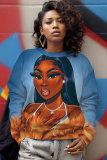 Pink Green Figure African Girl Print Round Neck Long Sleeve Fall Winter Fleece Sweatshirt Tops