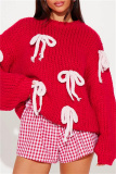 Red Woolen Weaving Casual Loose Bow Decor Round Neck Long Sleeve Fall Winter Knitted Sweater Tops