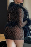 Brown Party Club Leopard Print Fringed Fur Trim Tie-front Deep V Neck Long Sleeve Tops and Mini Wrap Skirts Two Pieces Dress Sets