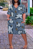 Denim Blue Casual Graphics Print V Neck Short Sleeve Pockets Plus Size T-shirt Midi Dresses