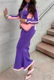 Purple Sportwear Jogger Outfit Casual Letter Print Zipper Collar Long Sleeve Jackets And Mermaid Hem Maxi Skirt Two Pieces Dress Sets