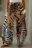 Dark Grey Casual Leopard Print Contrast With Pocket Elastic High Waist Straight Loose Pants Trousers