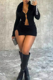 White Cut Out Button-up Turndown Collar with Fur Long Sleeve Tops and Slit Mini Wrap Skirts Fall Winter Two Pieces Dress Sets