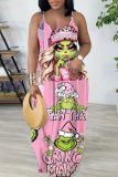 Dark Red Christmas Print Backless Spaghetti Strap Floor Length Vacation Baggy Sundress Slip Maxi Dress