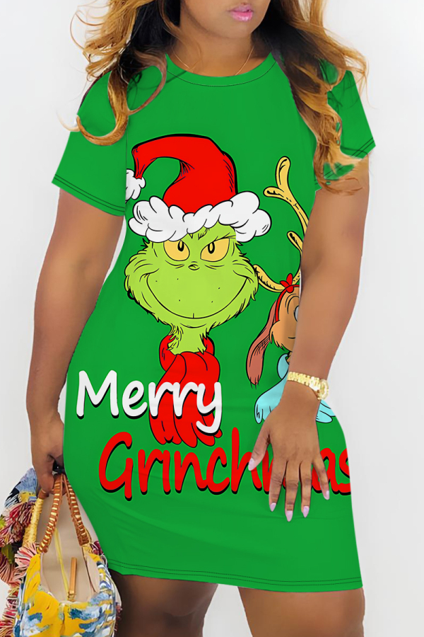 Pink Christmas Grinch Print O Neck Short Sleeve Wrapped Skirt Short Sleeve Casual Outing Bodycon Mini T-shirt Dress