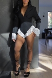 Black Party Club Casual Patchwork Lace Trim Turndown Collar Long Sleeve Waisted Suit Rompers