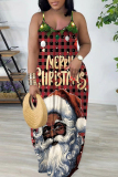 Dark Red Christmas Print Backless Spaghetti Strap Floor Length Vacation Baggy Sundress Slip Maxi Dress