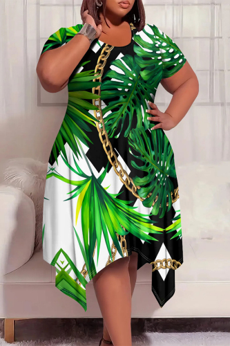 White Green Casual Geometric Floral Print O Neck Short Sleeve Irregular Hem Plus Size Midi T-shirt Dresses