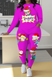 Red Sportwear Cartoon Letter Print Round Neck Long Sleeve Sweatshirt and Pencil Sweatpants Fall Winter Two Pieces Sweatsuits Sets