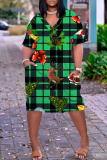 Red Green Plaid Snowflake Santa Claus Christmas Tree Print V Neck Short Sleeve Plus Size Straight Loose Midi Dress with Pocket
