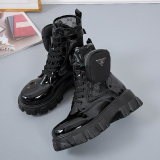Black White Cross Straps Closed Ankle Boots Leather Lace Up Autumn Platform Female British Martin Boots