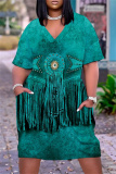 Denim Blue Casual Graphics Print V Neck Short Sleeve Pockets Plus Size T-shirt Midi Dresses