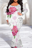 Green Casual Floral Print O Neck Long Sleeve Mermaid Hem Long Plus Size Evening Party Bodycon Maxi Dress