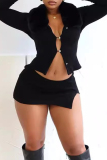 White Cut Out Button-up Turndown Collar with Fur Long Sleeve Tops and Slit Mini Wrap Skirts Fall Winter Two Pieces Dress Sets
